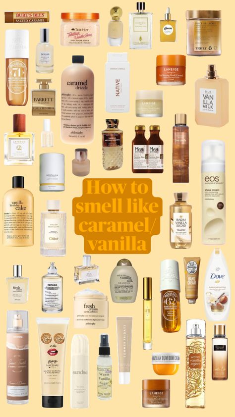 #vanilla #caramel #vanillagirl #beauty #smellgood #scent Vanilla Scented Products Aesthetic, How To Smell Like Vanilla And Caramel, Vanilla Scent Layering, Caramel And Vanilla Perfume, Sent Combos Vanilla, Caramel Body Care, Caramel Scented Perfume, Salted Caramel Perfume, Vanilla Caramel Perfume