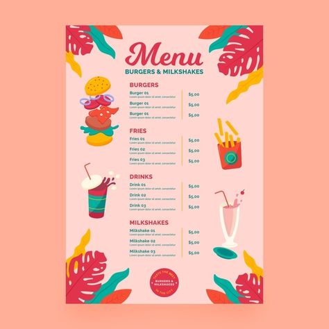 Juice Menu, Cookie Vector, Menu Illustration, Burger Menu, Coffee Restaurants, Fast Food Menu, Restaurant Menu Template, Shakes Drinks, Kids Menu