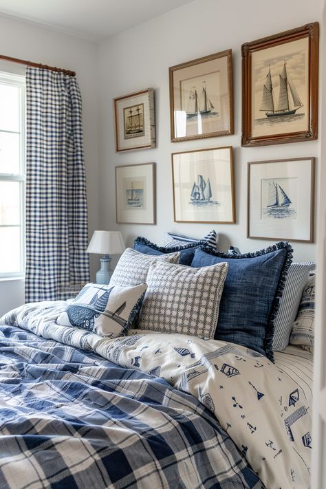 Nautical Aesthetic Bedroom, Americana Bedroom Aesthetic, Nantucket Bedroom Style, Coastal Americana Decor, All Blue Bedroom, Blue Cottage Core Bedroom, Hamptons Style Decor Bedroom, East Coast Bedroom, Blue Room Ideas Bedroom