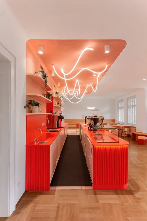 Vila 63: Transforming a First Republic Villa into a Café Fast Food Restaurant Design, Tan Salon, Matcha Shop, Chalet Interior Modern, Restaurant Counter, Pink Color Combination, Shipping Container Design, Office Pantry, Midcentury House