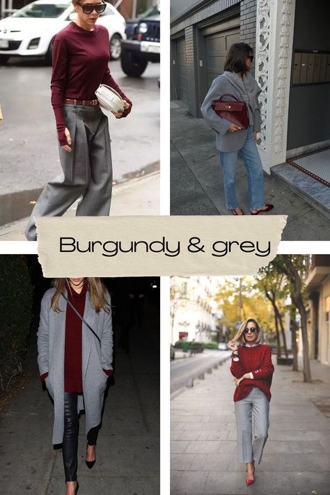 Dallas fashion blogger shares how to style burgundy for all and winter—burgundy and grey outfit inspiration Gray Burgundy Outfit, Burgandy Outfits For Women Winter, What Colors Go With Gray Outfits, Burgundy Top And Jeans Outfit, Burgundy Fashion Outfits, Burgundy Monochromatic Outfit, Grey Burgundy Outfit, Burgundy Shoes Outfit Women, Grey Color Combos Outfit