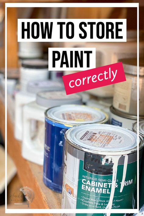 How to store paint the correct way. Learn all the tips and tricks on how to store paint the right way so it lasts a long time. Paint storage location, paint storage temperature. How to dispose of paint. #anikasdiylife Organizing Paint Cans, Storing Paint Supplies, Garage Paint Storage, Paint Containers Diy, How To Store Paint Cans, Gallon Paint Can Storage Ideas, How To Organize Paint Supplies, How To Store Paint, Paint Storage Ideas Garage