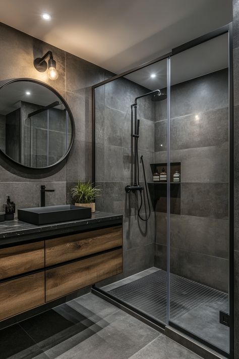 Discover modern bathroom ideas with this sleek design featuring a glass shower enclosure, dark tiles, and contemporary fixtures. The mix of wood and black elements creates a stylish and functional space that’s perfect for relaxation. #ModernBathroomIdeas #HomeDesign #BathroomInspo Bathroom Modern Industrial, Small Modern Ensuite Bathroom Ideas, Shower For Couples Bathroom, Black Tiles For Bathroom, Dark Tiled Bathrooms Ideas, Black N White Interior Design, Grey Stone Shower Ideas, Rustic Industrial Bathroom Design, Wood Black And Gold Bathroom