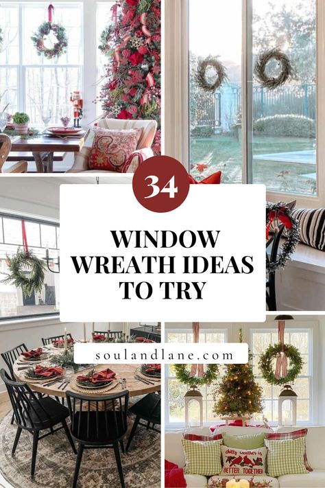 This timeless tradition brings a touch of nature and festivity to your home, visible both inside and out. Opt for lush green wreaths for a classic look, or experiment with materials like burlap, ribbon, or even paper for a unique twist. Adding lights or seasonal embellishments can enhance the festive mood. Hanging wreaths on windows is not just a decorating act; it's a way to spread joy and warmth, inviting the spirit of the season into every corner of your home. Farmhouse Wreaths Windows, Indoor Christmas Wreaths Window, Christmas Wreaths For Windows Inside, Christmas Wreaths For Indoor Windows, Wreaths On French Doors Inside, Christmas Wreaths On Windows Indoor, Indoor Wreaths On Windows, Wreaths On Windows For Christmas Outside, Wreath Inside Window