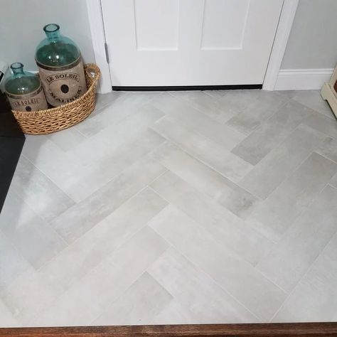 Entryway Herringbone Tile, Light Gray Herringbone Tile Floor, Herringbone Tile Entry, Front Hall Flooring Ideas, White Tile Entryway Floors, Back Door Tile Entry, Entryway With Tile Floor, Tiles For Foyer Entryway, Tiled Entrance Way