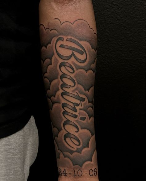 Tattoo uploaded by Jay • Clients grandmothers name as a memorial piece to start off a sleeve Tattoo Sleeve Quotes Men, Small Men Tattoos Arm, Rip Tattoos For Men Forearm With Clouds, Rip Sleeve Tattoos Guys, Blocks Tattoo Design, Tattoo For People Who Died, Forearm Tattoos Names, Until Next Time Tattoo Ideas, Birth Year Leg Tattoo