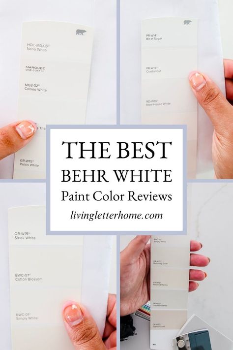 Picking the right behr white paint colors for walls can be tricky. Luckily, I have a LOT of experience using Behr paint and have put together a comprehensive guide to help you discover the perfect Behr white paint color. Behr is creamy, neutral, and a super popular paint brand. I've used several of these colors on the interior of our home more than once. Now, let's get into this paint color review! Neutral Paint Colors Bedroom, Whites For Walls, Behr Whites, Best Behr White, Behr White Paint Colors, Behr White Paint, White Paint Colors For Walls, Behr Neutral Paint Colors, Bathroom Paint Colors Behr