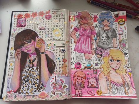 Drawing Pages Aesthetic, Collage Art Sketchbook, Sketchbook Art Inspiration Colorful, Art Spreads Sketchbook, Sketchbook Inspo Page, Pink Drawing Aesthetic, Colorful Sketchbook Pages, Character Page Sketchbook, Sketchbook Spreads Aesthetic