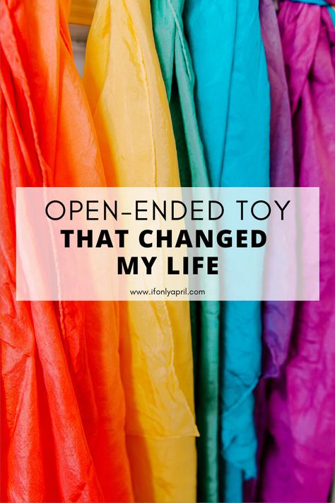 BEST ECO-FRIENDLY TOY FOR OPEN-ENDED PLAY (DIY PLAY SILKS) - If Only April Play Silks Display, Toys For Imaginative Play, Play Silks Storage, Diy Open Ended Toys, Open Play Toys, Play Silks Activities, Play Silk Storage, Play Silk Ideas, Open Ended Playroom