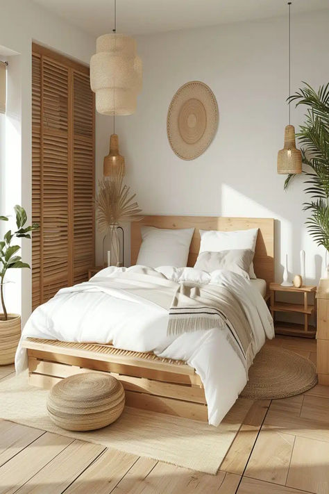 A bright bedroom featuring a simple wooden bed, wicker accents, and a neutral color palette. White Stained Oak Bedroom, Natural Wood Furniture Bedroom, Light Wood Bedroom Furniture Decor Ideas, Neutral Calm Bedroom, Wood Bed Bedroom Ideas, Bedroom With Wood Trim, White And Wooden Bedroom, Light Wood Furniture Bedroom, Light Wooden Bed