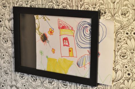 Want to display your child's masterpieces?  Well, hang a custom #frame that you can easily slide your child's #art in and out of to easily switch it up! Diy Kids Art Display, Ikea Picture Frame, Diy Framed Art, Ikea Hack Kids, Kids Picture Frames, Diy Slides, Ikea Pictures, Displaying Kids Artwork, Art Display Kids