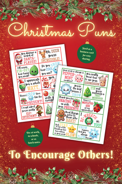 Christmas Puns Motivational Quotes printables. Each printable includes 10 Christmas puns Encouragement cards for the work place. 2 printables, 20 Christmas Puns Cards included. Each Encouragement card has an adorable Christmas or winter graphic and an encouraging Christmas pun. School Staff Christmas Ideas, Winter Staff Morale Booster, December Morale Booster For Teachers, Holiday Staff Morale Booster, December Staff Morale Booster, Christmas Staff Morale Booster, Staff Christmas Ideas, Christmas Staff Appreciation Ideas, Christmas Lunch Notes