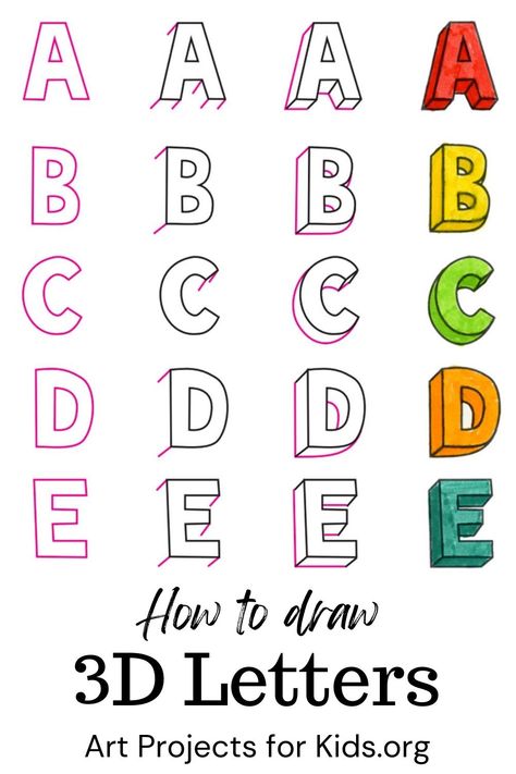 3d Letters Tutorial, Draw 3d Letters, Cute Fonts Alphabet, Letters Tattoo, How To Draw 3d, Letters Ideas, Draw 3d, Alphabet Drawing, Bubble Letter Fonts