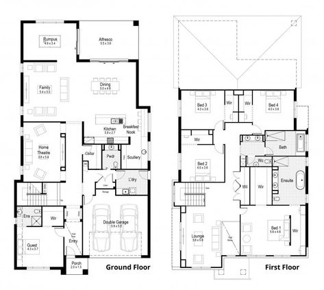 Claremont: Executive Style 5br Home Design W Floorplans BBB Double Storey House Plans, Two Storey House Plans, House Plans South Africa, Executive Style, 5 Bedroom House Plans, Pool House Designs, Double Storey House, Floor Designs, Cottage Floor Plans