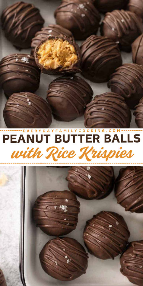 Easy Halloween desserts? Learn how to make the best ever peanut butter balls! This no-bake peanut butter ball recipe makes dessert balls with soft and creamy peanut butter center stuffed with rice krispies and coated in smooth chocolate. Add sprinkles! Peanut Butter Balls No Rice Krispies, Peanut Butter Balls With Chocolate Rice Crispy, Chocolate Peanut Butter Balls With Rice Krispies Recipe, Buckeye Balls With Rice Krispies Recipe, Pb Rice Krispie Balls, Peanut Butter Crisp Balls, Rice Crispy Peanut Butter Balls Recipe, Peanut Butter Krispie Balls, Honey Peanut Butter Scotcheroo Balls