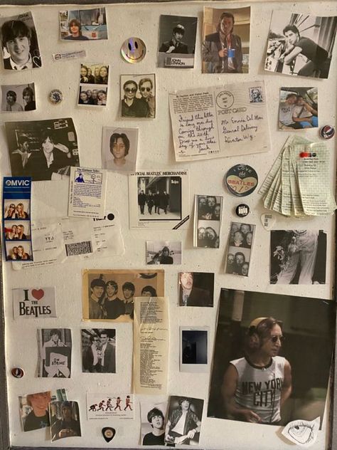 Band Wall Collage, Photo Wall Grunge, The Beatles Room Decor, Beatles Room Decor, 90s Grunge Bedroom, Beatles Bedroom, Grunge Wall Collage, The Beatles Aesthetic, Beatles Room