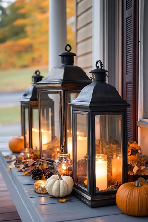 Cozy fall decor with lanterns, pumpkins, and candles on a small porch. Perfect tiny front porch fall decor inspiration for an inviting autumn vibe. Fall Lantern Decor Ideas, Hallmark Aesthetic, Fall Lantern Decor, Outdoor Fall Decor Ideas, Fall Front Porch Decor Ideas, Fall Lantern, Mulling Spices, Fall Planters, Fall Front Porch Decor