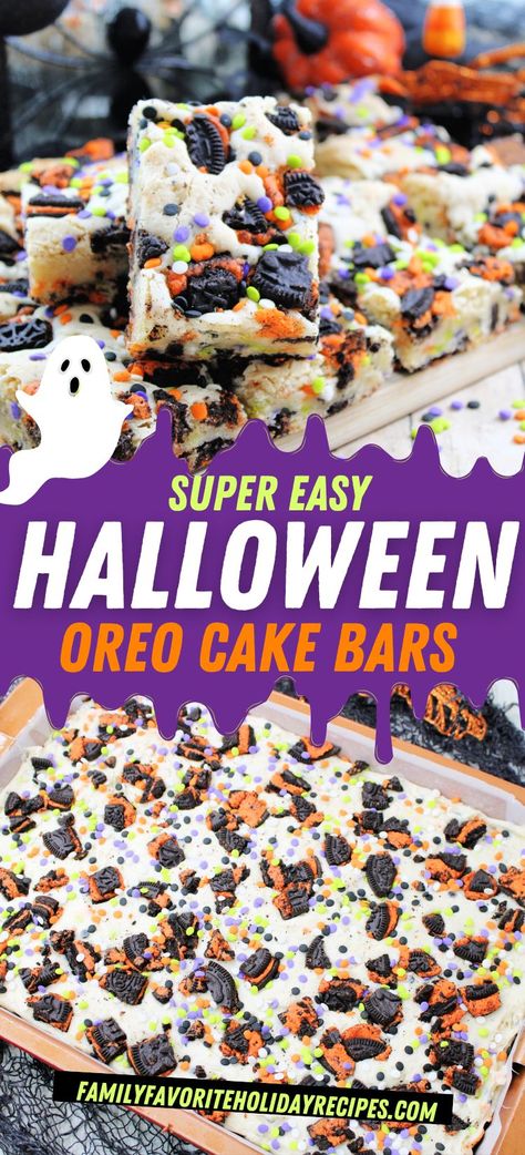 Halloween Deserts Recipes Easy, Halloween Cake Mix Recipes, Halloween Desserts With Oreos, Halloween Oreo Cake Bars, Oreo Dessert Halloween, Halloween Party Food Make Ahead, Dessert For Halloween, Halloween Spooky Snacks, Halloween Oreo Recipes