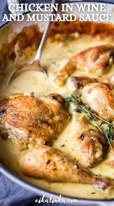 If you want a little escape from the mundane, make this chicken in wine and mustard sauce! Chicken thighs and legs browned, then braised in white wine and Dijon mustard sauce with a bit of cream. Chicken Wine, Mustard Cream Sauce, Mustard Chicken Recipes, Chicken Entrees, Mustard Chicken, Mustard Sauce, French Dishes, Braised Chicken, French Cooking