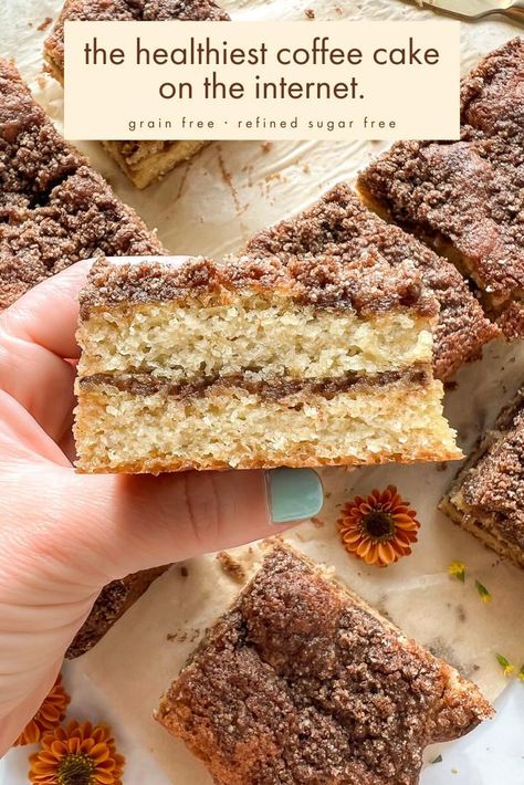 Buttery, moist, cinnamon coffee cake swirled with a spiced-sugary filling, topped with crunchy streusel, and sprinkled with a plot twist? NO butter, NO refined sugar, and grain free. Yes, friend! This Healthy Starbucks Coffee Cake recipe is made with good for you, natural ingredients like almond flour, greek yogurt, avocado oil, eggs, and cozy natural sweeteners like cinnamon and maple syrup! #healthysnack #grainfreerecipes #starbucksrecipe #coffeecake #unusualcakes #glutenfreecake #dairyfree Paleo Cinnamon Coffee Cake, Grain Free Vegan Cake, Almond Flour Cinnamon Coffee Cake, Healthy Cinnamon Dessert Recipes, Buckwheat Coffee Cake, Grain Free Coffee Cake, Coffee Cake With Almond Flour, Coffee Cake With Greek Yogurt, Cake Recipes Healthy Easy