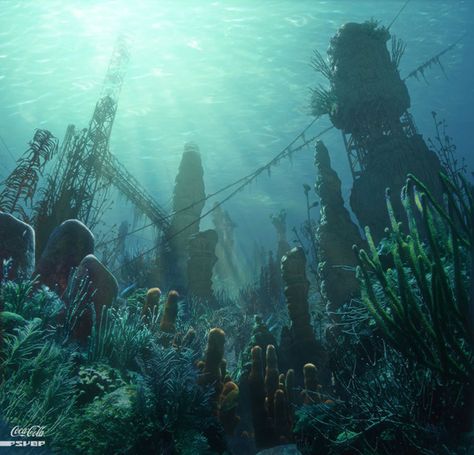 sunken treasure Sunken Treasure Aesthetic, Hidden Treasure Aesthetic, Mermaid Webtoon, Underwater Ruins Fantasy Art, Underwater Ruins Art, Sunken Ruins, Underwater Treasure, Ocean Environment, Abandoned Places Underwater