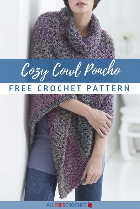 You're going to love this wonderfully comfy cowl neck poncho crochet pattern free from Lion Brand! Cowl Neck Poncho Crochet Free Pattern, Crochet Poncho Free Pattern Bulky Yarn, Free Poncho Crochet Pattern, Crochet Ponchos Free Patterns, Easy Crochet Poncho Free Pattern, Poncho Crochet Pattern Free, Free Crochet Poncho Patterns, Crochet Apron, Crochet Poncho Patterns Easy