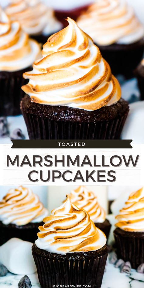 Campfire Cupcakes, Marshmallow Frosting Recipes, Homemade Chocolate Cupcakes, Marshmallow Cupcakes, Marshmallow Desserts, Campfire Marshmallows, Marshmallow Frosting, Canned Frosting, Cupcake Recipes Chocolate