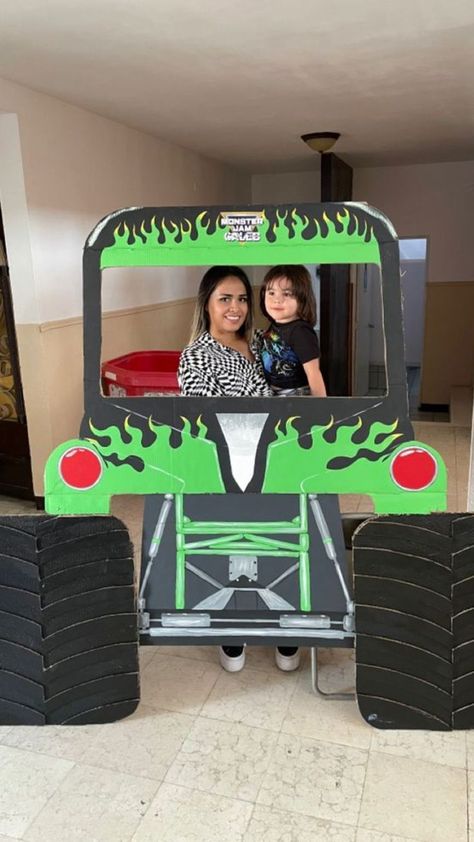 Diy Monster Truck Photo Prop, Diy Monster Truck Photo Booth, Monster Jam Games Birthday Party Ideas, Monster Trucks Party Ideas, Monster Jam Birthday Food, Monster Jam Trunk Or Treat, Monster Jam Party Games, Monster Trucks Birthday Party Ideas, Monsters Truck Birthday Party Ideas