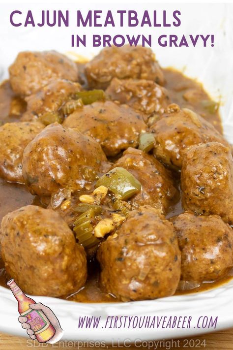 Comfort food from the Bayou...Cajun Meatballs in Brown Gravy. Rice and Gravy is a food group in South Louisiana, and this simple recipe is Rice and Gravy on steroids. Tender and juicy Cajun Meatballs simmered in a rich, roux-based gravy made with the Trinity, white wine, rich stock, and traditional South Louisiana seasonings. This perfect Cajun family meal is simple and heart-warming like comfort food should be. Rice And Gravy Cajun, Cajun Meatball Fricassee, Cajun Meatballs And Gravy, Cajun Meatball Stew, Smothered Meatballs Gravy, Cajun Rice And Gravy, Cajun Ground Beef Recipes, Cajun Dinner Ideas, Louisiana Recipes Cajun Cooking