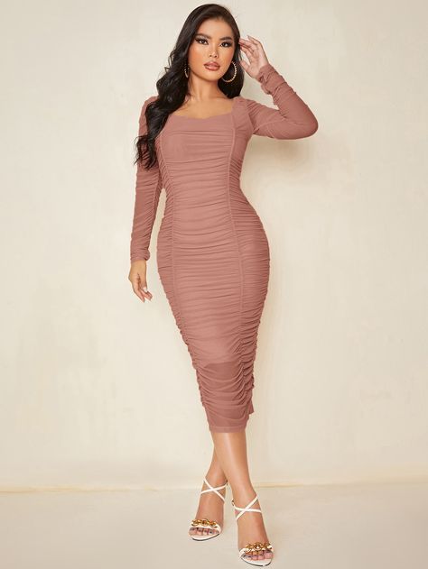 Dusty Pink Elegant  Long Sleeve Mesh Plain Bodycon Embellished Medium Stretch Spring/Summer Women Dresses Long Sleeve Bodycon Dress Parties, Pink Ruched Bodycon Dress, Long Bodycon Dress Outfit Birthday, Ruched Bodycon Dress Outfit, Elegant Bodycon Dress Classy, Long Sleeve Bodycon Dress Outfit, Ruched Bodycon Dress Long Sleeve, Baptism Outfit Women, Ruched Dress Long Sleeve