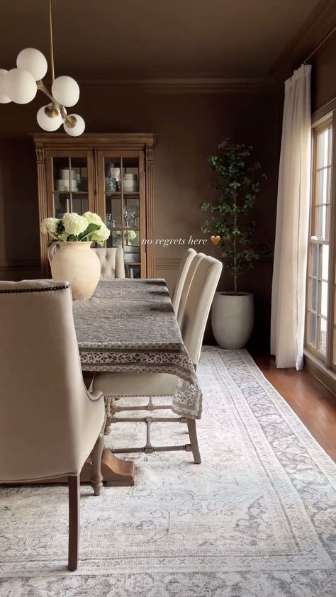 Bernice | actual DM i received when i shared on stories that i was considering color drenching our formal dining room dark brown 😏 tbh it’s… | Instagram Dark Brown Floor Dining Room, Dark Brown Dining Room Table, Chocolate Brown Dining Room, Brown Dining Room Walls, Brown Paint Dining Room, Dinning Room Ideas Dark Brown Table, Color Drenched Dining Room, Dark Brown Dining Room, Dining Room With Dark Wood Floors