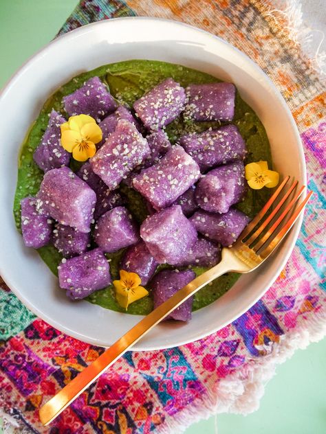 Purple Cauliflower Recipe, Plant Based Oil Free, Chef Bai, Vegan Weeknight Meals, Gnocchi Recipes Easy, Gnocchi Recipes Soup, Gluten Free Pesto, Purple Cauliflower, Dairy Free Pesto