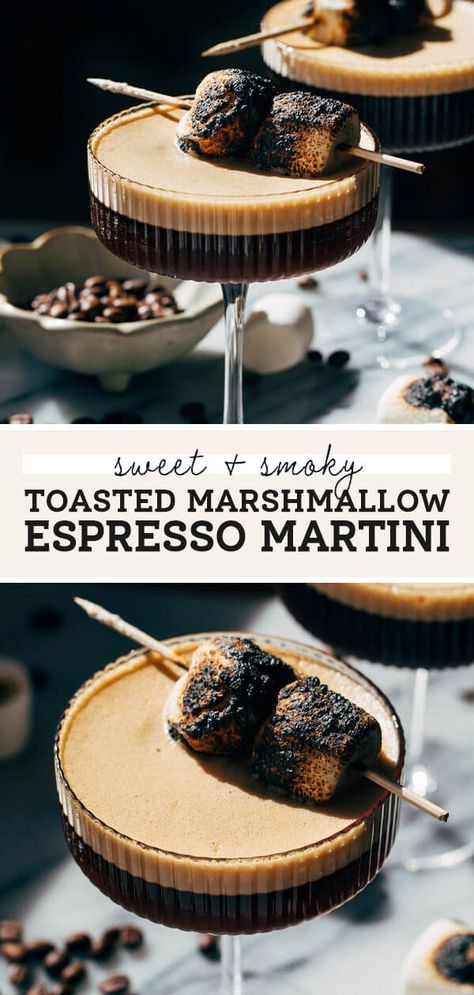 Why make a regular espresso martini when you can have a toasted marshmallow espresso martini?? This delicious cocktail is made with marshmallow vodka and homemade toasted marshmallow syrup. It's sweet, toasty, and so so good. #espressomartini #toastedmarshmallow #butternutbakery | butternutbakeryblog.com Toasted Marshmallow Syrup, Marshmallow Syrup, Marshmallow Vodka, Martini Espresso, Butternut Bakery, Espresso Martini Cocktail, Espresso Martini Recipe, Yummy Alcoholic Drinks, Boozy Drinks