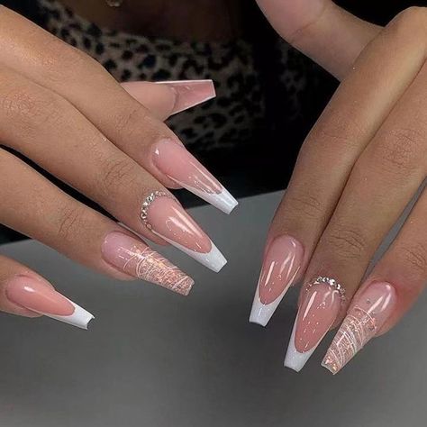 Rhinestone Glitter Powder White French Long Ballet Fake Nails Fashion Detachable Finished False Ongles Bling Bling, Nagel Tips, Gradient Nails, Nail Length, Stick On Nails, Prom Nails, Artificial Nails, Valentines Nails, Long Acrylic Nails