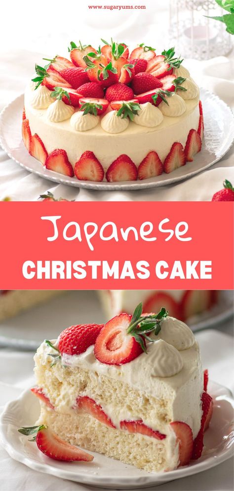 Japanese Christmas Cake decorated with strawberry slices Strawberry Shortcake Christmas, Japanese Strawberry Shortcake, Japanese Christmas Cake, Easy Christmas Cake Recipe, Delicious Strawberry Cake, Japanese Dessert Recipes, Japanese Christmas, Strawberry Cream Cakes, Japanese Cake