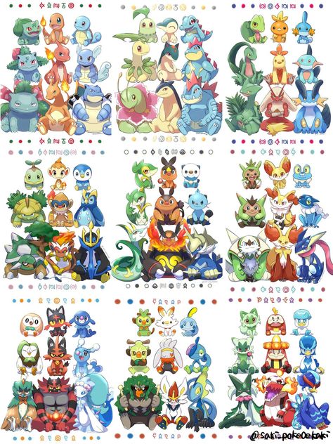 The grass, fire, water starters mons of all 9 Generations sitting together | Pokémon | Know Your Meme Pokemon Starter Evolutions, Pokemon Starter, Rayquaza Pokemon, Pokemon Names, Pokemon Sketch, Pokemon Starters, Pokemon Poster, Mega Pokemon, Oc Pokemon