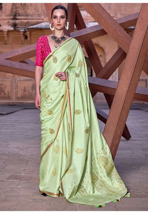 Pastel Green Zari Woven Pure Satin Saree Green Contrast Color, Satin Silk Saree, Combination Dresses, Green Color Combinations, Colored Weave, Pista Green, Sea Green Color, Party Sarees, Silk Saree Blouse