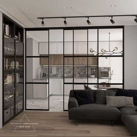 Kitchen Sliding Door, Rectangular Living Room, Living Room Layouts, Open Space Living Room, Glass Living Room, Rectangular Living Rooms, Studio Apartment Living, Living Room Divider, Room Layouts