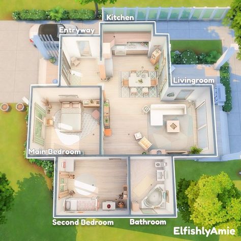 Bloxburg Two Bedroom House Layout, Sims4 Layout Floor Plans, Cute Small House Layout, One Story Sims House Layout, Small House Layout Sims 4, Small House Sims 4 Floor Plans, Sims Starter Home Floor Plans, Sims 4 Starter Home Layout, Simple Sims 4 Houses