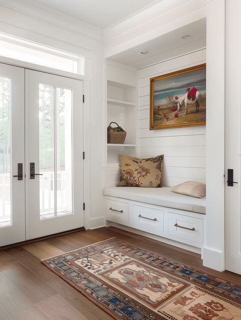 Small Entryway Ideas: Window Nook with Built-In Seating and Drawers Entryway Nook With Bench, Front Door Opens To Wall Entryway, Small Living Layout, Small Entry Way Ideas With Bench, Entryway Ideas Window, Front Entryway Built In Ideas, Entry Nook With Bench, Window Above Front Door Entryway, Entryway Builtins