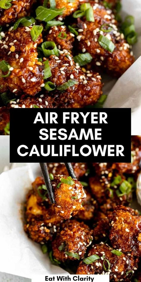 This air fryer sesame cauliflower is easy to make, crispy, vegan and gluten free. These cauliflower wings are the perfect healthy appetizer or plant-based dinner recipe. Plant Based Kitchen, Vegetarian Recipes No Tofu, Plant Based Medicine, Sesame Cauliflower And Broccoli, High Protein Gluten Free Vegetarian Meals, Veggie Dense Dinner, Vegetarian Dishes Summer, Planta Queen Recipes, 21 Day Fix Air Fryer Recipes