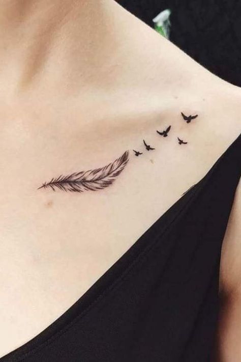 Feather Tattoo Collar Bone, Bird Tattoo Collarbone, Divergent Tattoo, Small Feather Tattoo, Collar Bone Tattoo For Men, Font Tato, Wing Tattoo Men, Indian Feather Tattoos, Feather With Birds Tattoo