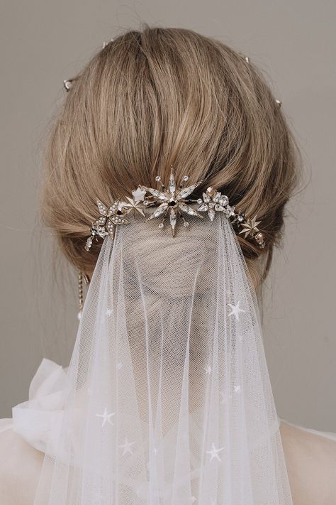 AURORA HAIR Piece by Tilly Thomas Lux Veil Clips Wedding Headpieces, Celestial Headpiece Wedding, Celestial Tiara Wedding, Sparkly Wedding Hair, Bride Hair Accessories With Veil, Celestial Wedding Hairstyles, Celestial Bridal Hair, Celestial Wedding Accessories, Celestial Themed Wedding Dress