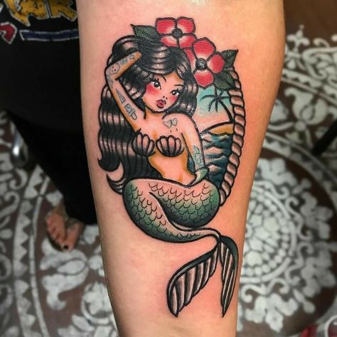 Traditional Mermaid Tattoos, Pin Up Mermaid, Sailor Tattoos, Pin Up Girl Tattoo, Sailor Jerry Tattoos, Traditional Tattoo Sleeve, Mermaid Tattoo, Mermaid Tattoos, Pin Up Tattoos