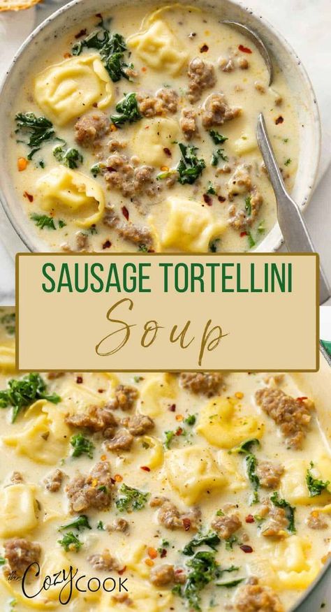 This creamy Sausage Tortellini soup is a 30 minute Stove Top meal that’s easy to make with sausage, kale, simple seasonings, broth, and cream! Sausage Tortellini Soup With Heavy Cream, Cozy Cook Soup Recipes, Sausage Kale Tortellini Soup Crockpot, Sausage Toscana Soup, Sausage And Tortellini Recipes Soup, Italian Sausage Kale Tortellini Soup, Spicy Sausage And Tortellini Soup, Sausage Kale Pasta Soup, Tortilini Sausage Soup Recipe