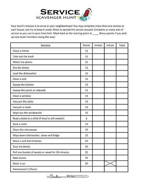 How to Organize a Service Scavenger Hunt (with free printables) {OneCreativeMommy.com} Service Scavenger Hunt Young Women, Church Scavenger Hunt, Service Scavenger Hunt, Scavenger Hunt Ideas For Kids, Scavenger Hunt Ideas, Community Service Ideas, Mutual Activities, Youth Group Activities, Church Youth Group