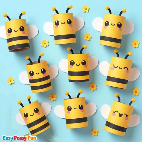 Cute toilet paper roll bee craft idea for kids to make. Your kids are going to love this cute bug craft that's perfect for spring. Make A Bug Craft, Bumble Bee Toilet Paper Roll Craft, Bee Toilet Paper Roll Craft, Bee Arts And Crafts For Kids, Make A Bee Craft, Bear Diy Crafts, Halloween Cute Crafts, Bee Ideas For Kids, Loo Roll Crafts Kids