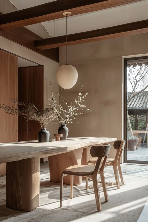 Japandi Table: The Centerpiece of Minimalist Dining - Quiet Minimal Board Room Table Design, Desert Dining Room, Wooden Dining Table Decor, Dining Table Japandi, Small Dining Room Inspiration, Wood Table Dining Room, Japandi Dining Table, Wabi Sabi Dining Room, Minimalist Dining Room Decor