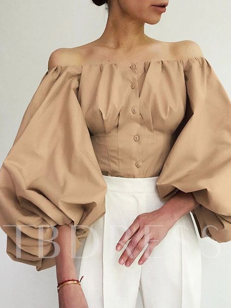 Off Shoulder Lantern Sleeve Plain Button Nine Points Sleeve Women's Blouse Khaki Blouse, Crop Top Styles, Dorothy Dandridge, Lantern Sleeve Top, Lantern Sleeved Blouses, Puff Sleeve Shirt, Off Shoulder Shirt, Backless Crop Top, Retro Mode