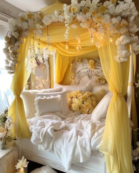 Imagine a nights sleep here! Would never want to leave the bed 😻🛌 For more yellow interior deisgn ideas to match this: https://icreatived.com/yellow-living-room-decoration/ . . 📷 by @merrier_interior on ig Bedroom Fairycore, Bedroom Japandi, Bedroom Moody, Fairycore Decor, Fantasy Room, Fairycore Room, Kitty Room, Japandi Bedroom, Bedroom Scandinavian